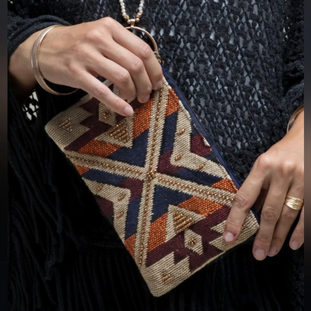 Handmade Hand Beaded Wristlet Clutch - Ethnic Tribal Inspired Design - Yarn Dyed - Picture 5 of 7